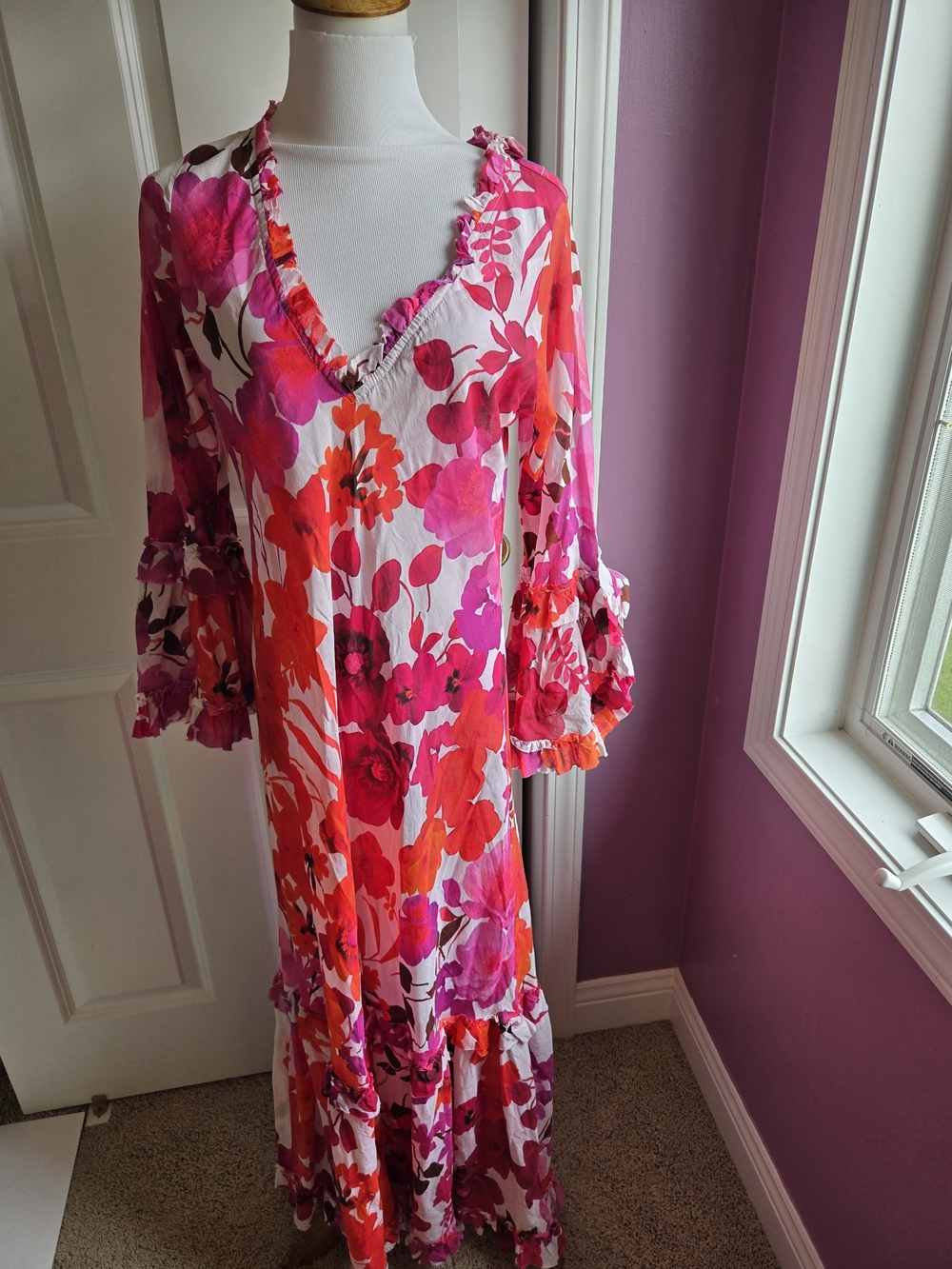 NWT Oneseason Long Indi Dress Flamenco Pink Floral Cotton Maxi Boho - Small